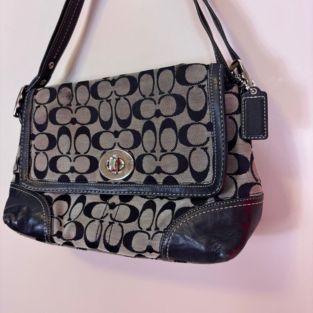 Coach Hampton Black and Grey Monogram Black Leather Shoulder Purse - Picture 5 of 8